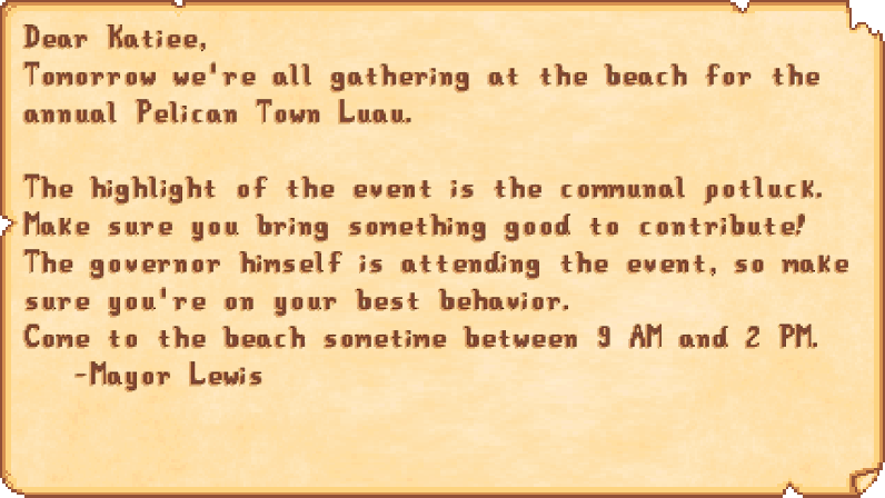 Stardew Valley Luau invitation letter from Mayor Lewis